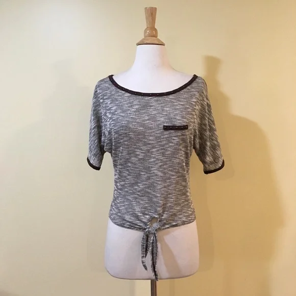 Studded Trim Tie Front Soft Marled Knit Tee - Picture 4 of 4